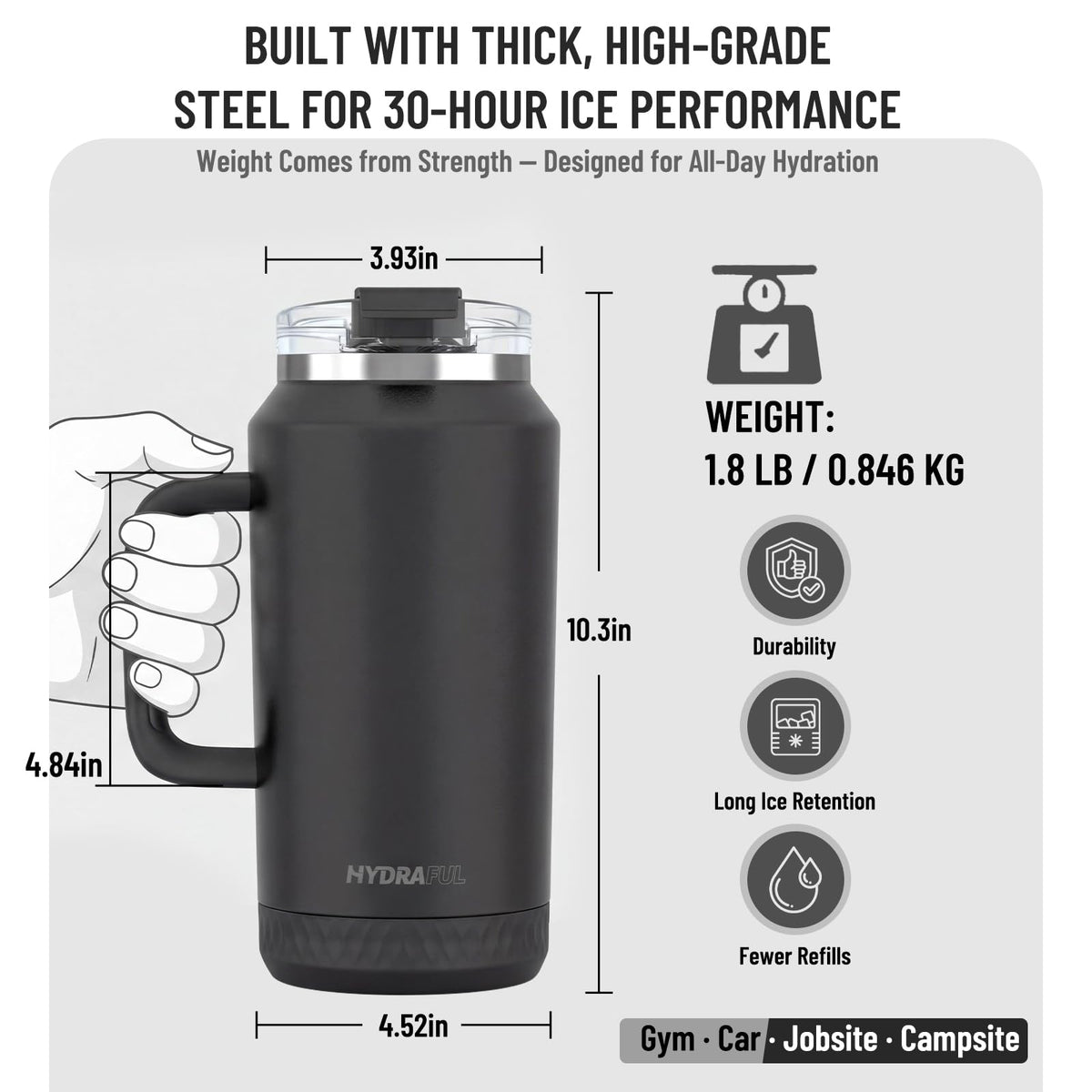 Hydraful double-wall vacuum insulation keeps drinks cold up to 30 hours or hot up to 12 hours.