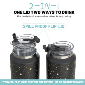 Hydraful two-in-one lid showing sip spout and flip-top for flexible use