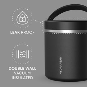 Hydrapeak 25oz food jar shows a stainless steel body and sleek powder-coated finish.