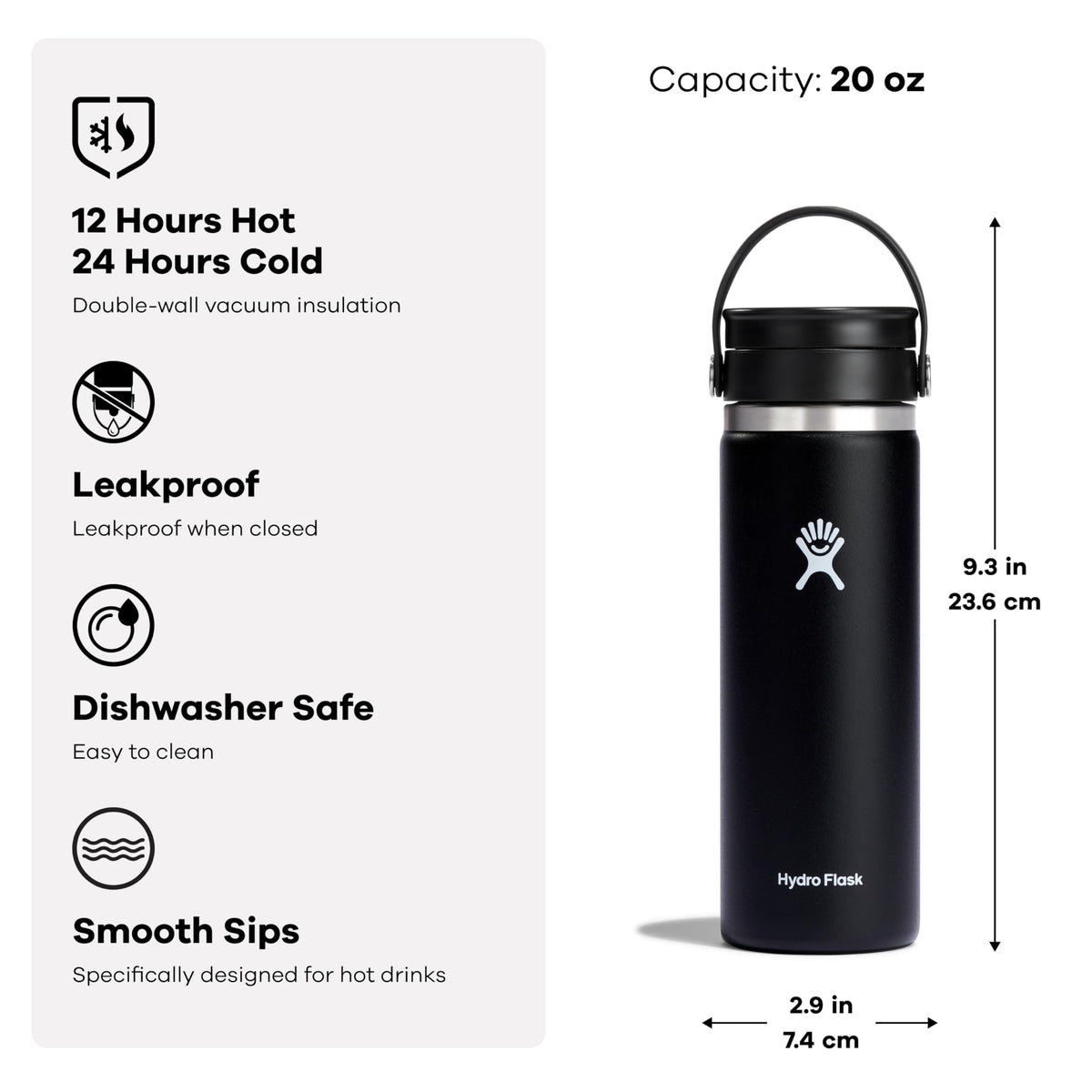 Insulated Hydro Flask bottle in use, preserving hot coffee or cold drinks.