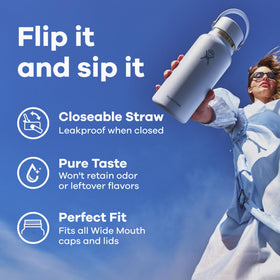 Hydro Flask flex straw cap close-up demonstrates one-handed operation and secure leakproof seal.