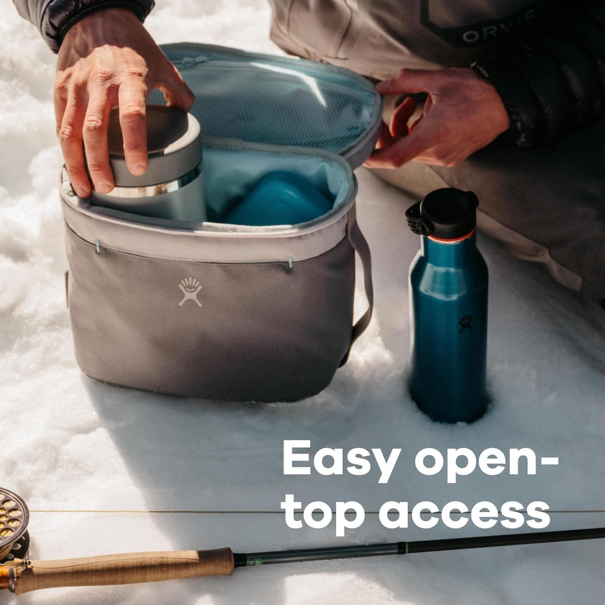 Hydro Flask lunch bag exterior pocket plus interior pocket for napkins and utensils.