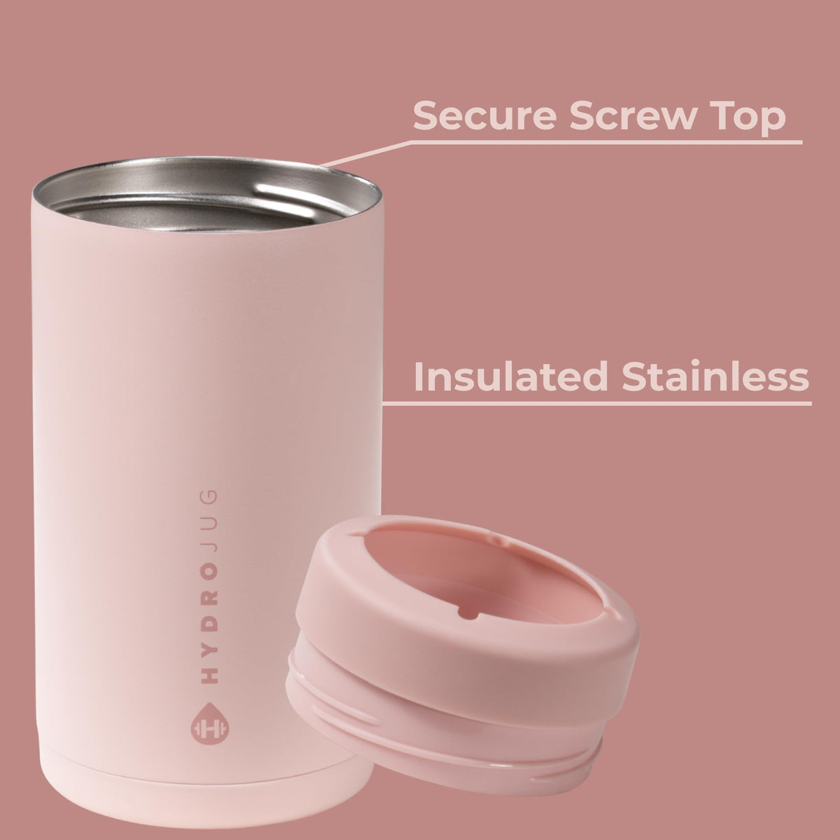 HydroJug Standard Can Cooler Dusty Rose, lid closed, secure fit for travel and on-the-go.
