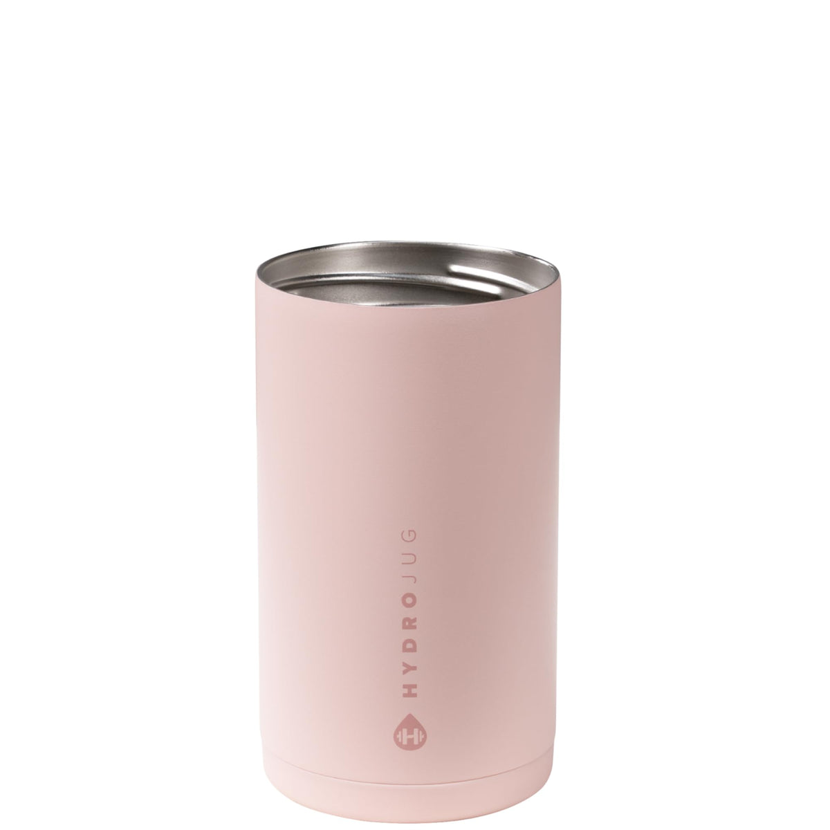 HydroJug Standard Can Cooler Dusty Rose, top view, screw-top lid helps prevent spills.