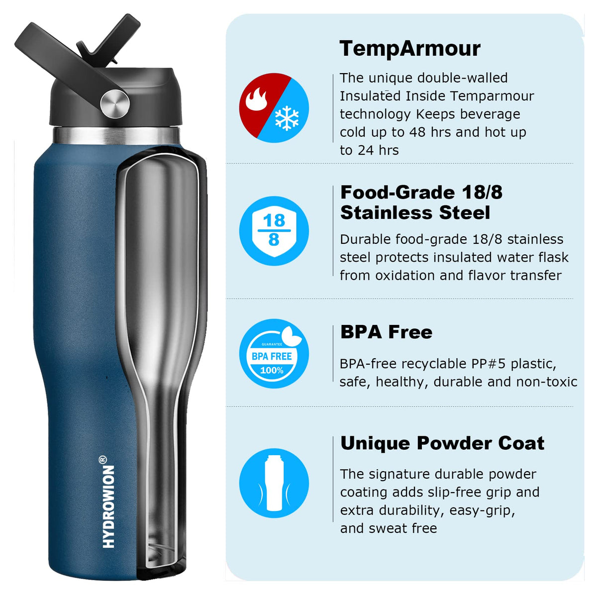 HYDROWION bottle with spout lid for easy hot beverage sipping on road trips.