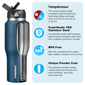 HYDROWION bottle with spout lid for easy hot beverage sipping on road trips.