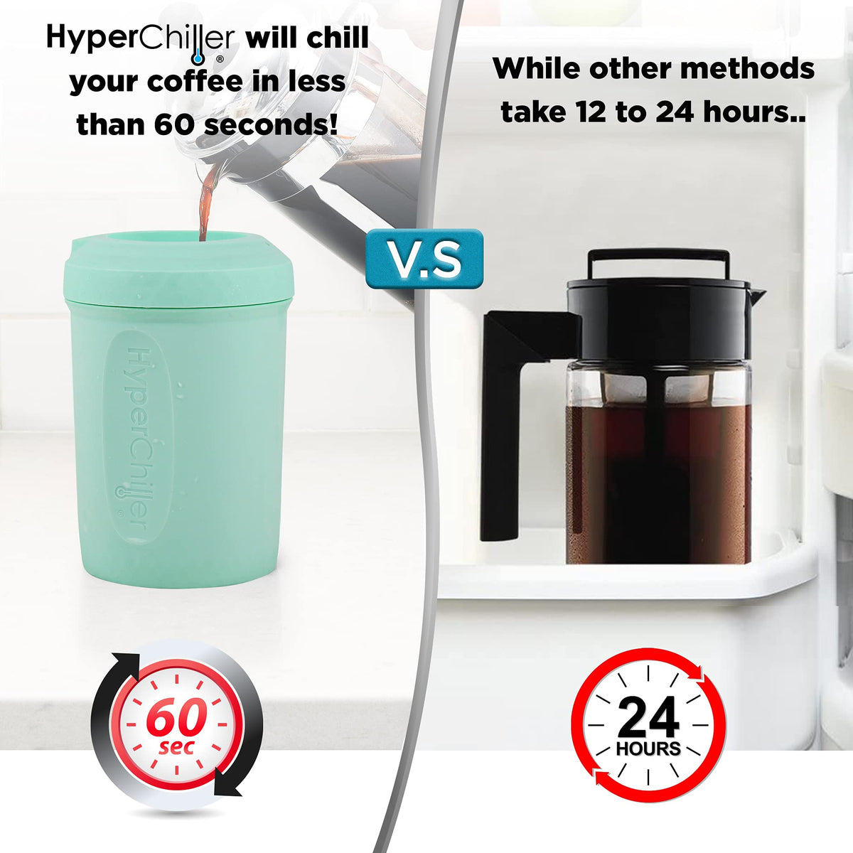 Chilled coffee pours from HyperChiller HC2M into a glass.