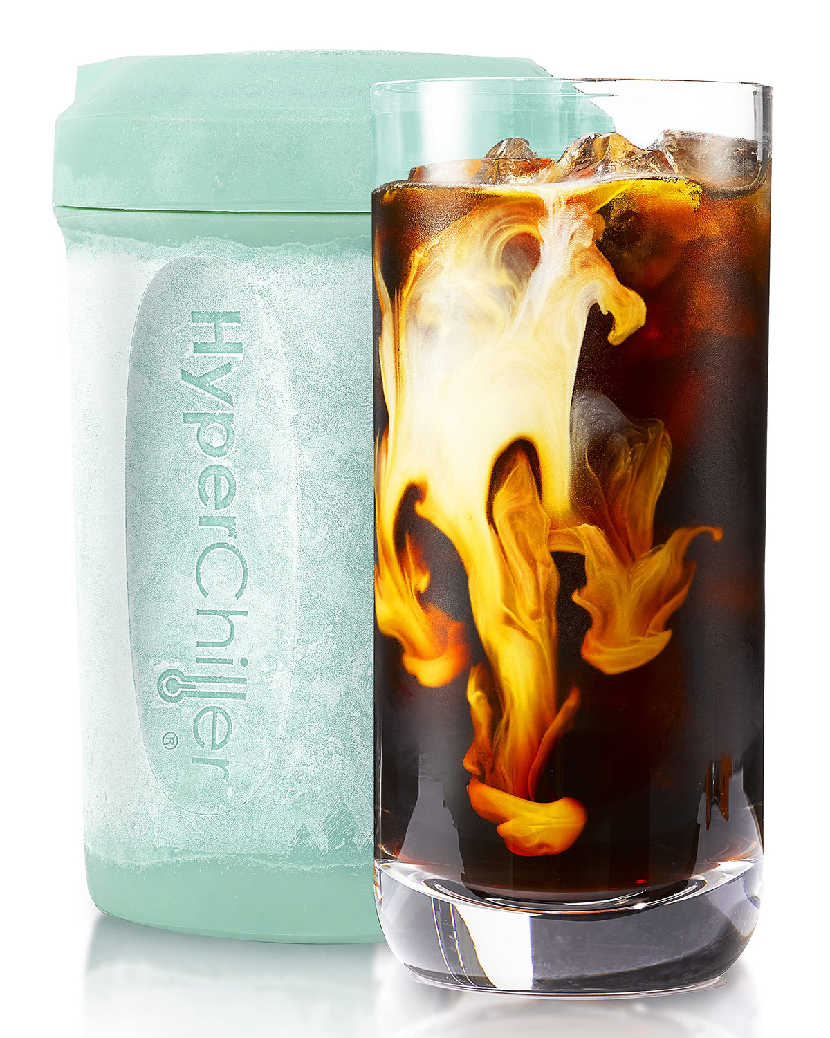 HyperChiller HC2M mint blue assembled for rapid, dilution-free iced coffee.