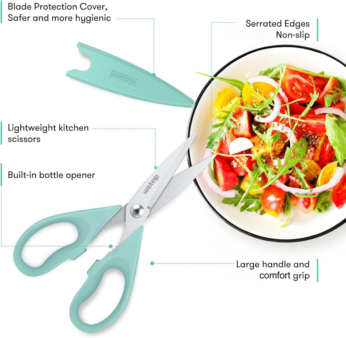 iBayam soft-handle kitchen scissors grip in wet hands for comfortable, precise cutting.