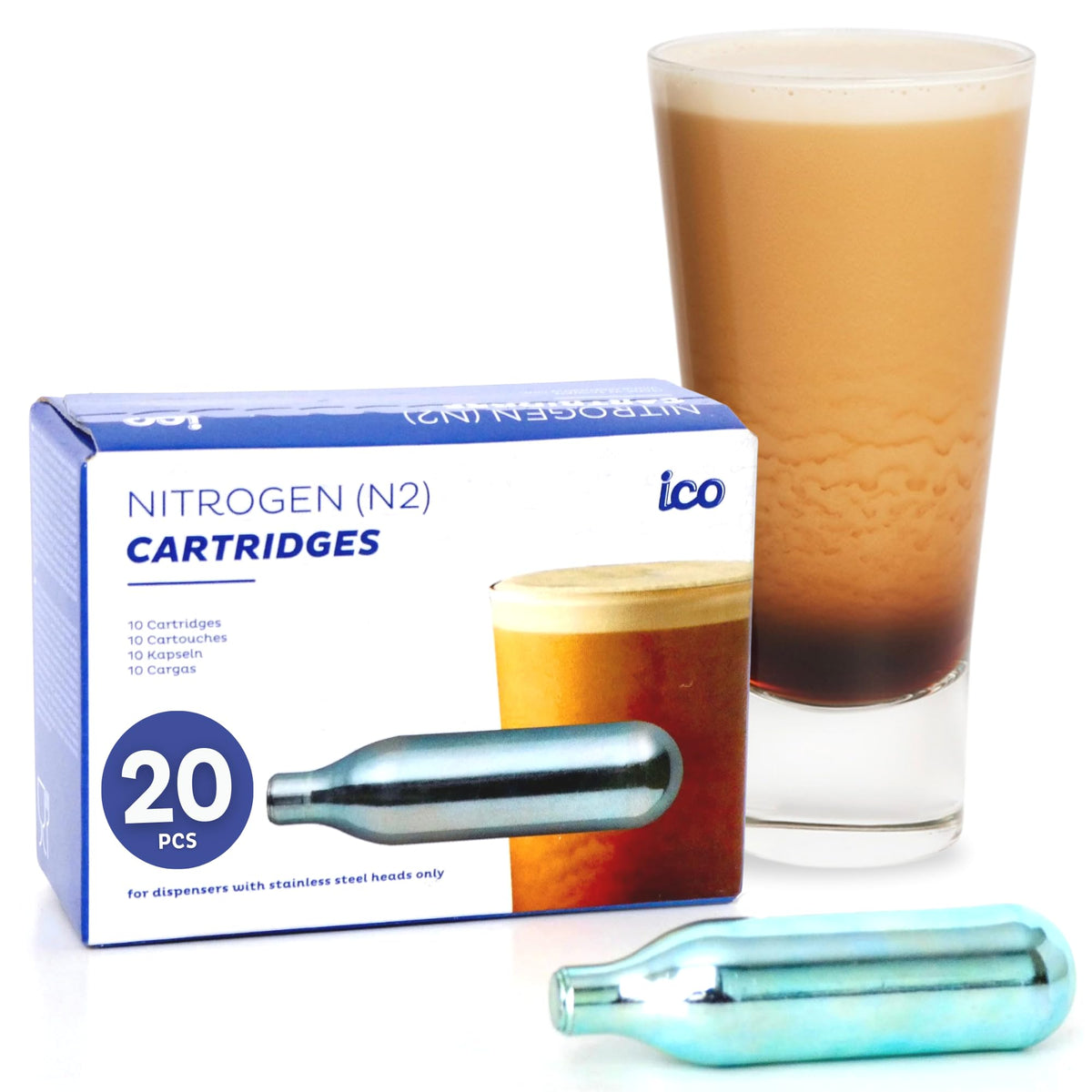 ICO 20-pack nitrogen cartridges box packaging shows recyclable steel and 2g chargers for clean infusions
