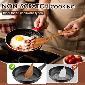 ICSTI teak slotted spoon designed to skim sauces without splashing