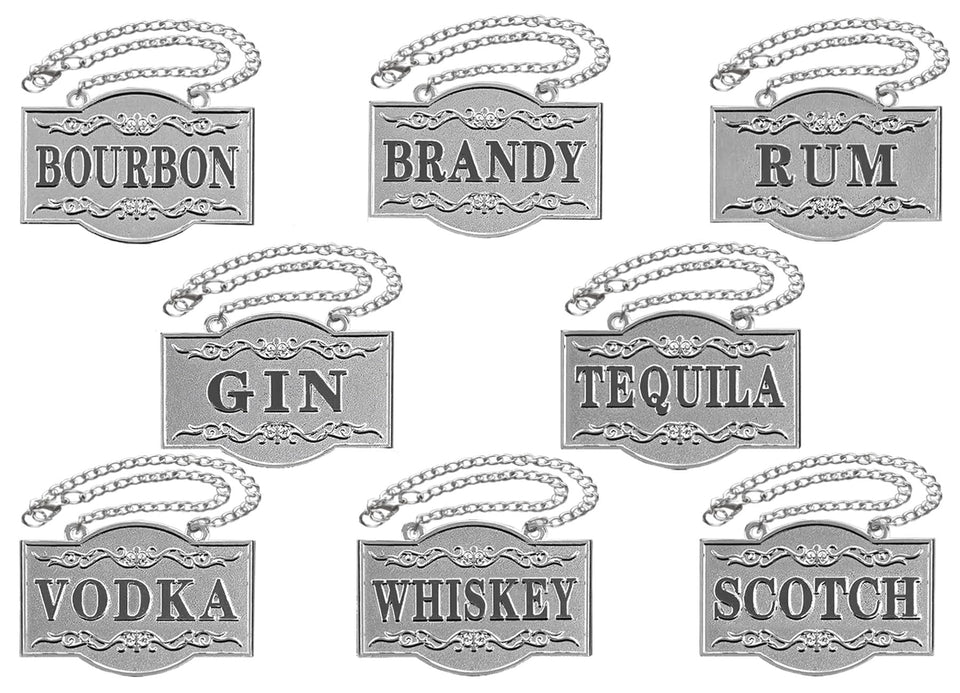 IcyPeak decanter tags in silver, close-up on a sleek label set for easy spirit ID