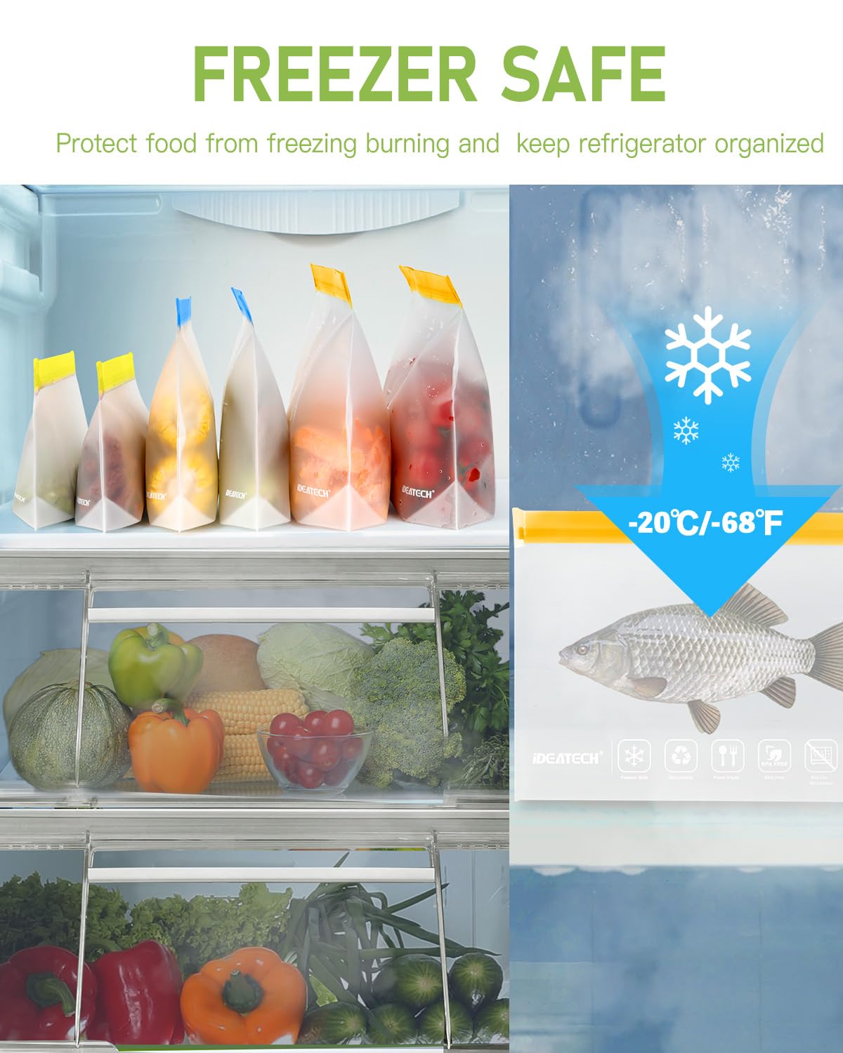 IDEATECH freezer bags help prevent discoloration and preserve freshness of meat and vegetables