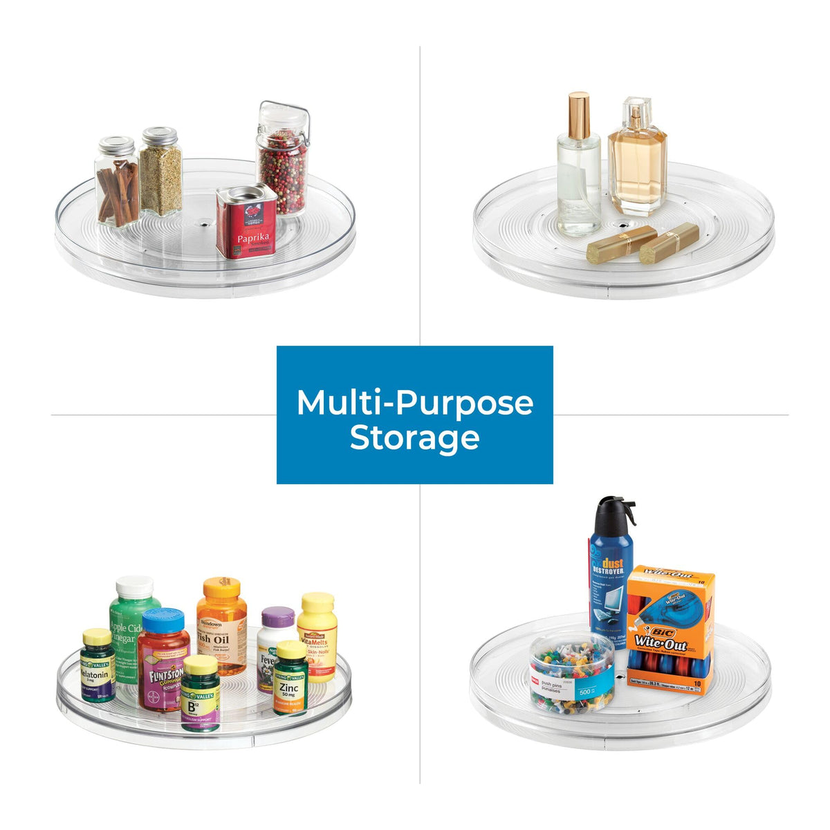 iDesign Linus Lazy Susan organizes spices for quick, glanceable cabinet storage