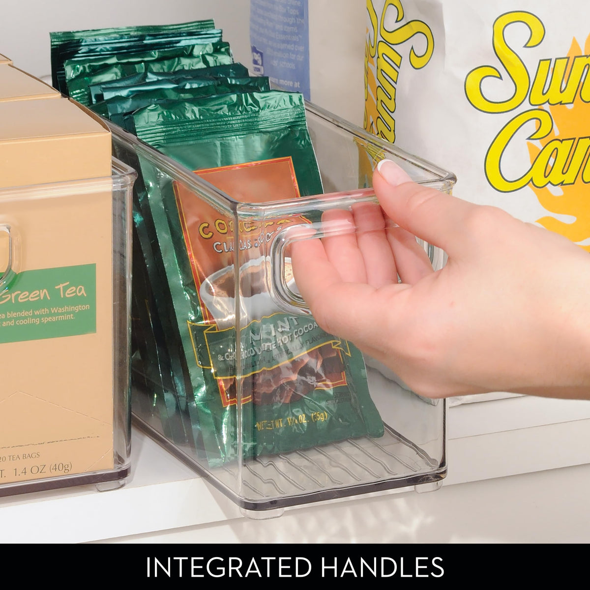 Idesign Slim clear bin bathroom toiletries keeps essentials visible.