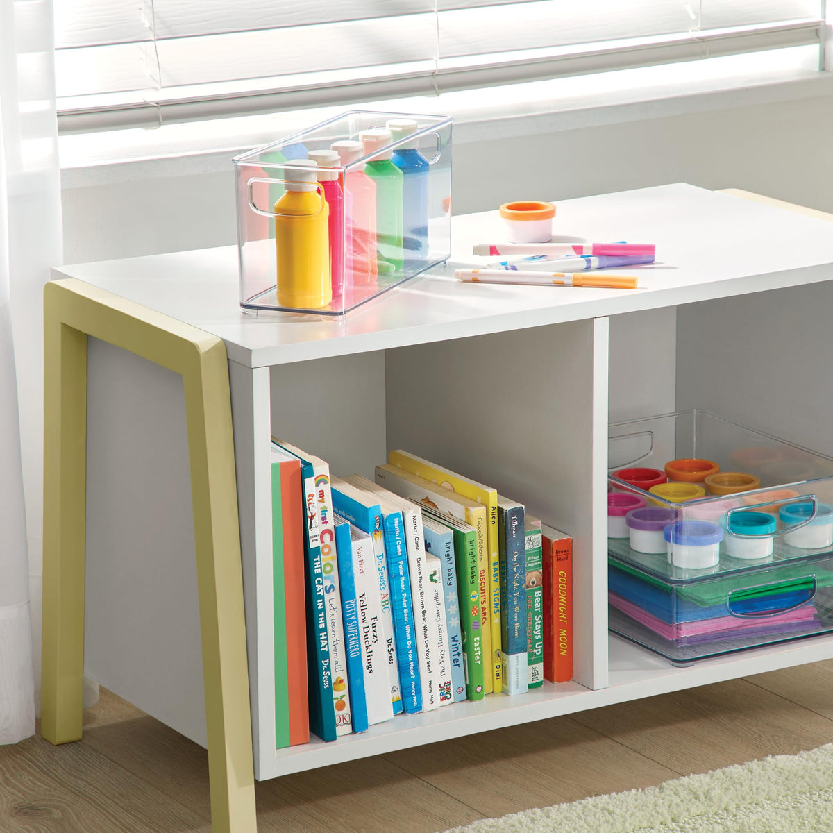 Idesign Slim clear bin office supplies for tidy desk area.