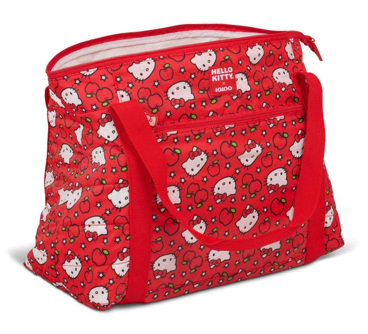 Igloo Hello Kitty red apples packable puffer cooler bag front view, ideal for on-the-go lunches.