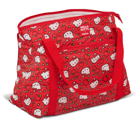 Igloo Hello Kitty red apples packable puffer cooler bag front view, ideal for on-the-go lunches.