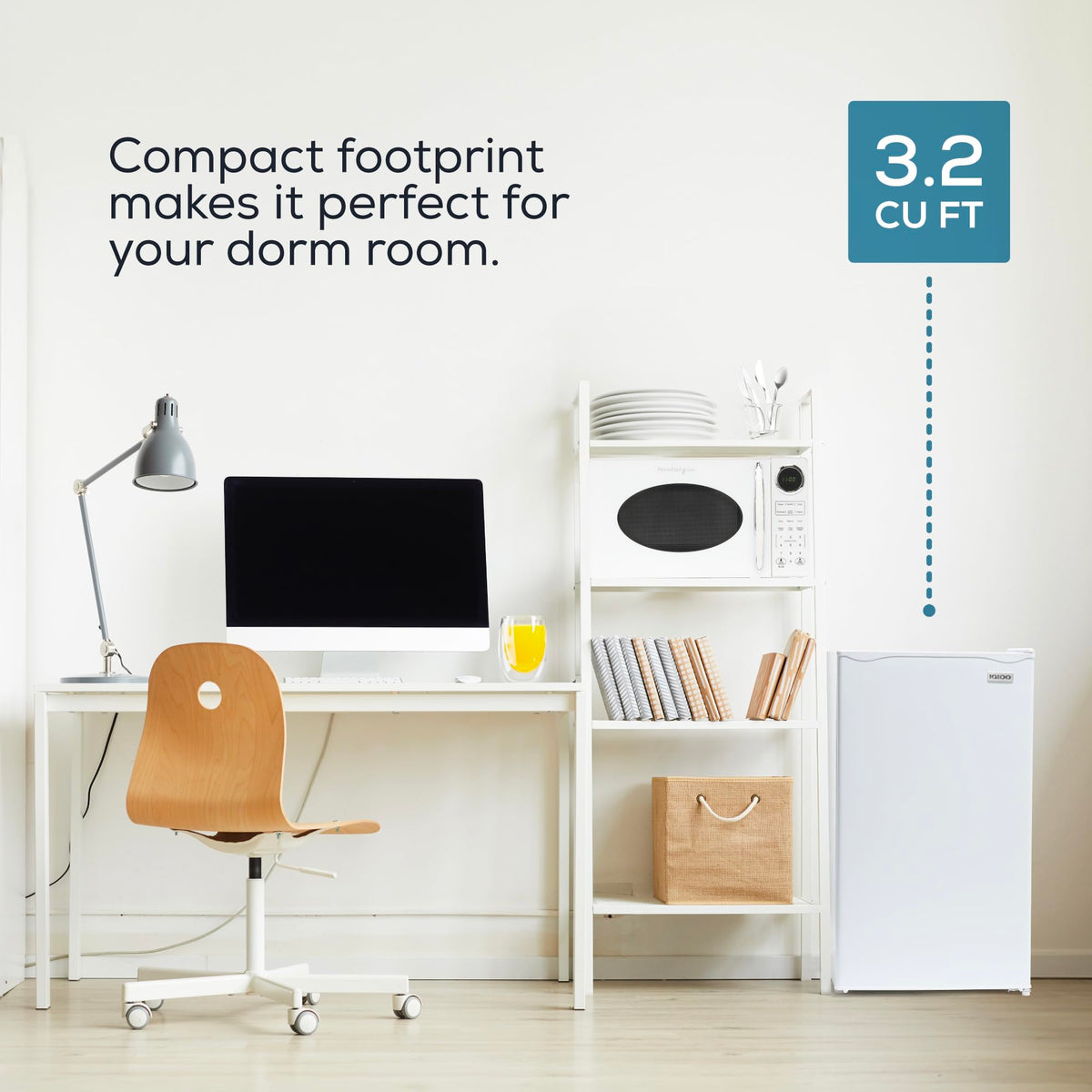 Igloo compact fridge under-desk setup, ideal for offices.