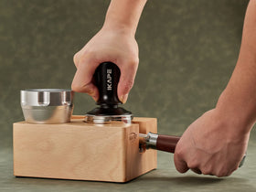 IKAPE bottomless portafilter compatibility demonstrating even tamping surface