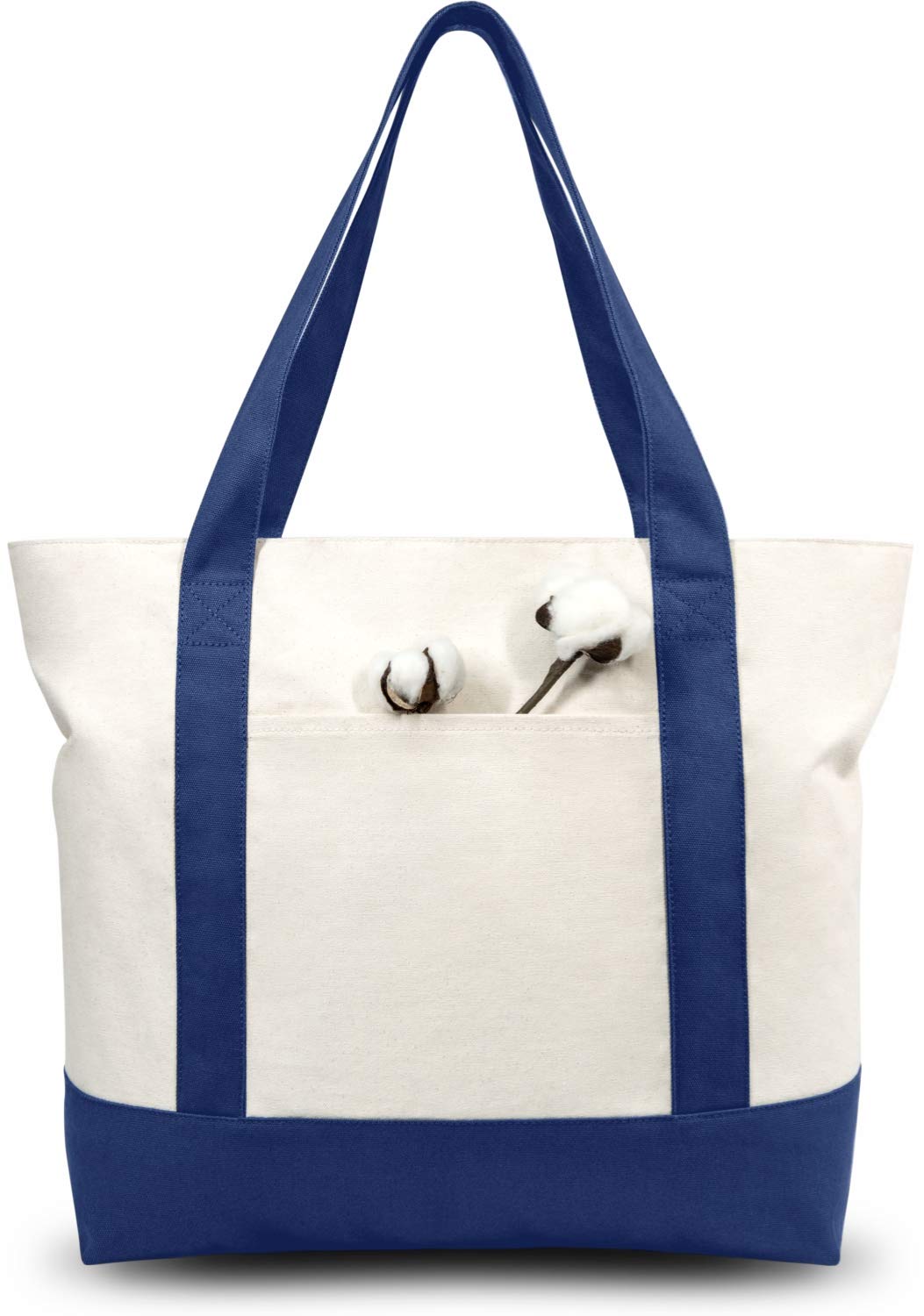 TOPDesign Canvas Tote Bags 3-Pack – Exterior Pocket, Zipper Closure (Blue/Natural)