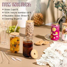 NETANY 8pc Glass Set with Bamboo Lids & Glass Straws – 16oz Drinking Cups, Gift-Ready