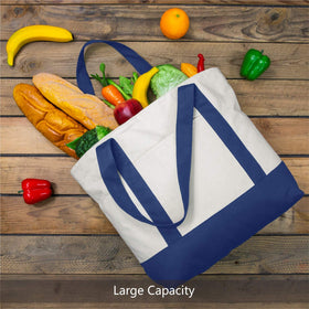 TOPDesign Canvas Tote Bags 3-Pack – Exterior Pocket, Zipper Closure (Blue/Natural)