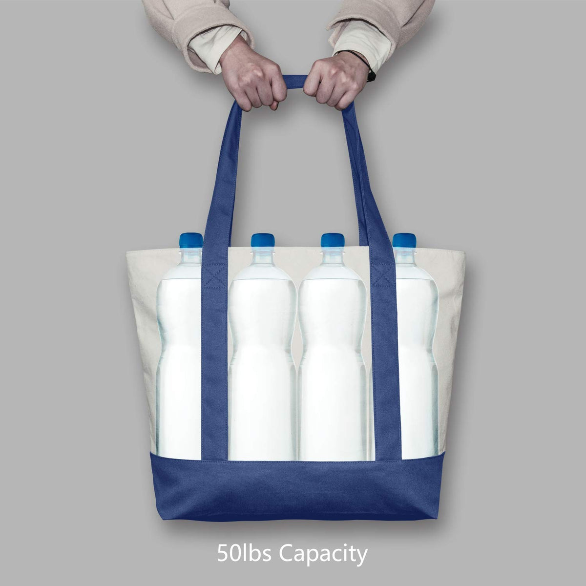 TOPDesign Canvas Tote Bags 3-Pack – Exterior Pocket, Zipper Closure (Blue/Natural)