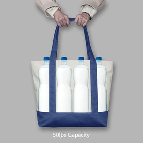 TOPDesign Canvas Tote Bags 3-Pack – Exterior Pocket, Zipper Closure (Blue/Natural)