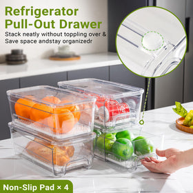 Imncya stackable fridge bins maximizing vertical space in a tidy fridge.