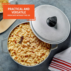 IMUSA Caldero glass lid with steam vent helps monitor moisture during simmering.
