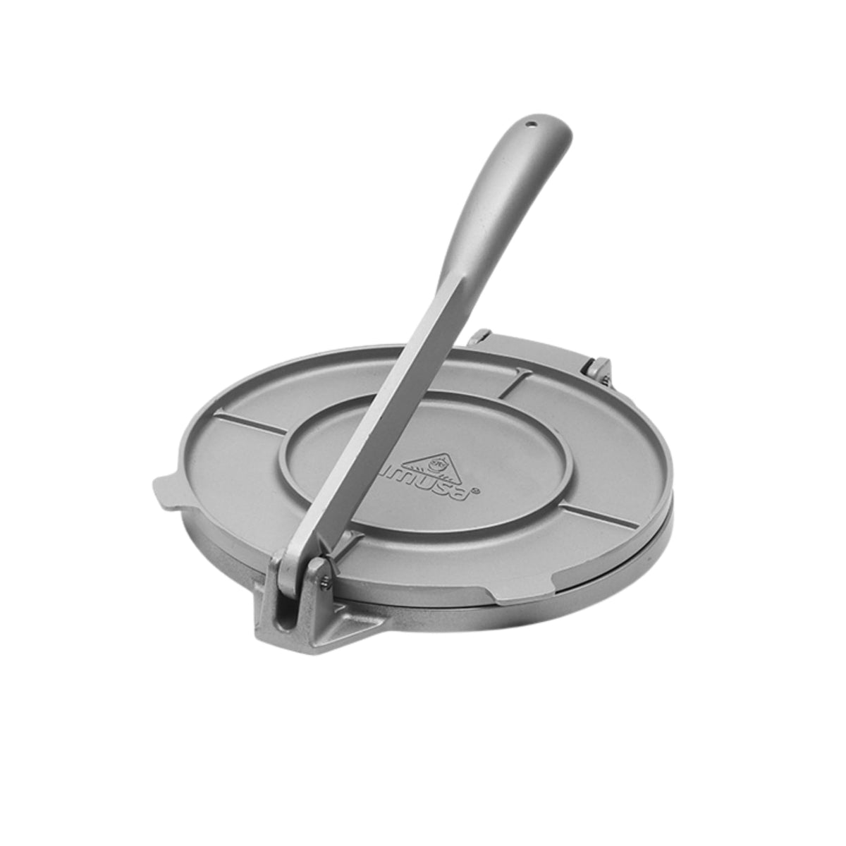 IMUSA 8-inch tortilla press top view showing compact aluminum build for fast, consistent tortillas