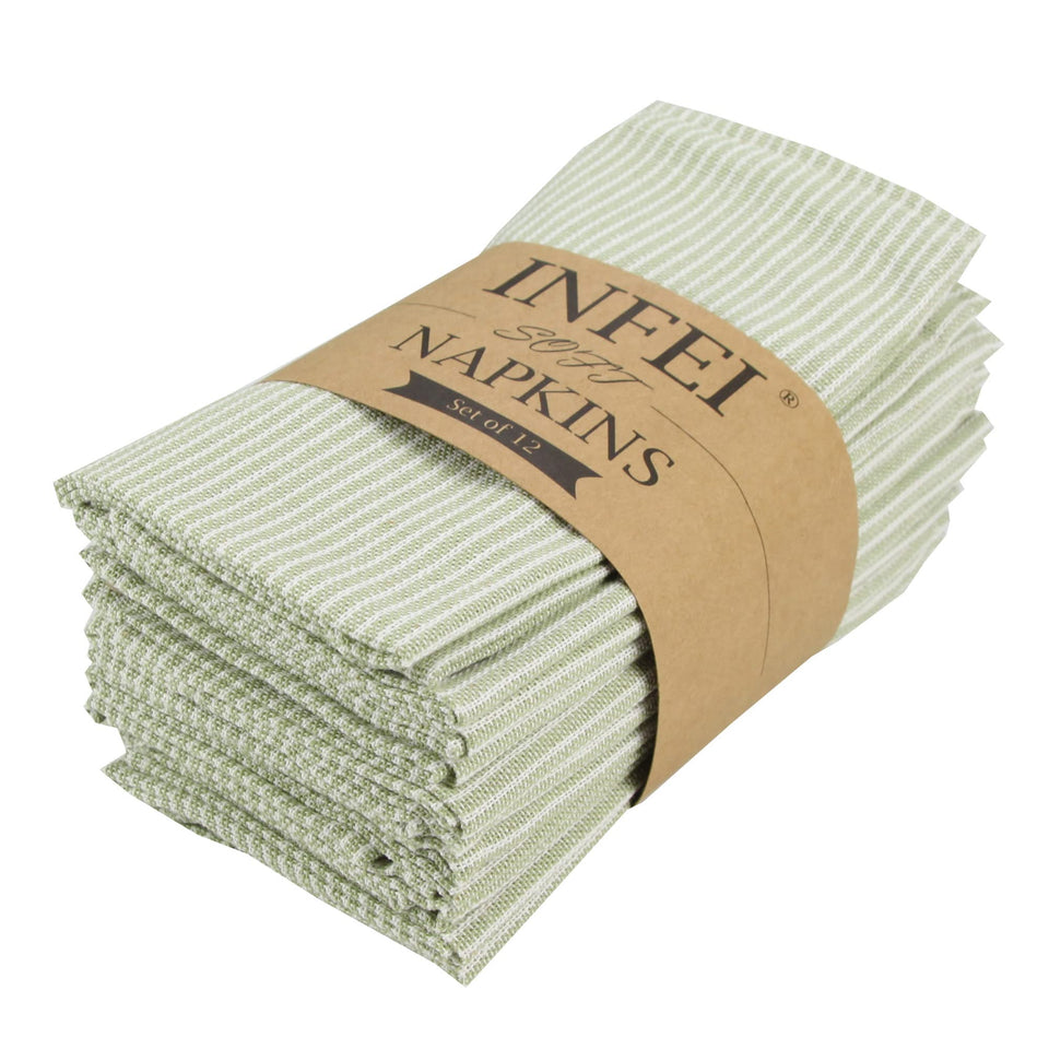 INFEI narrow striped dinner napkins in green close-up showcasing cotton-linen blend