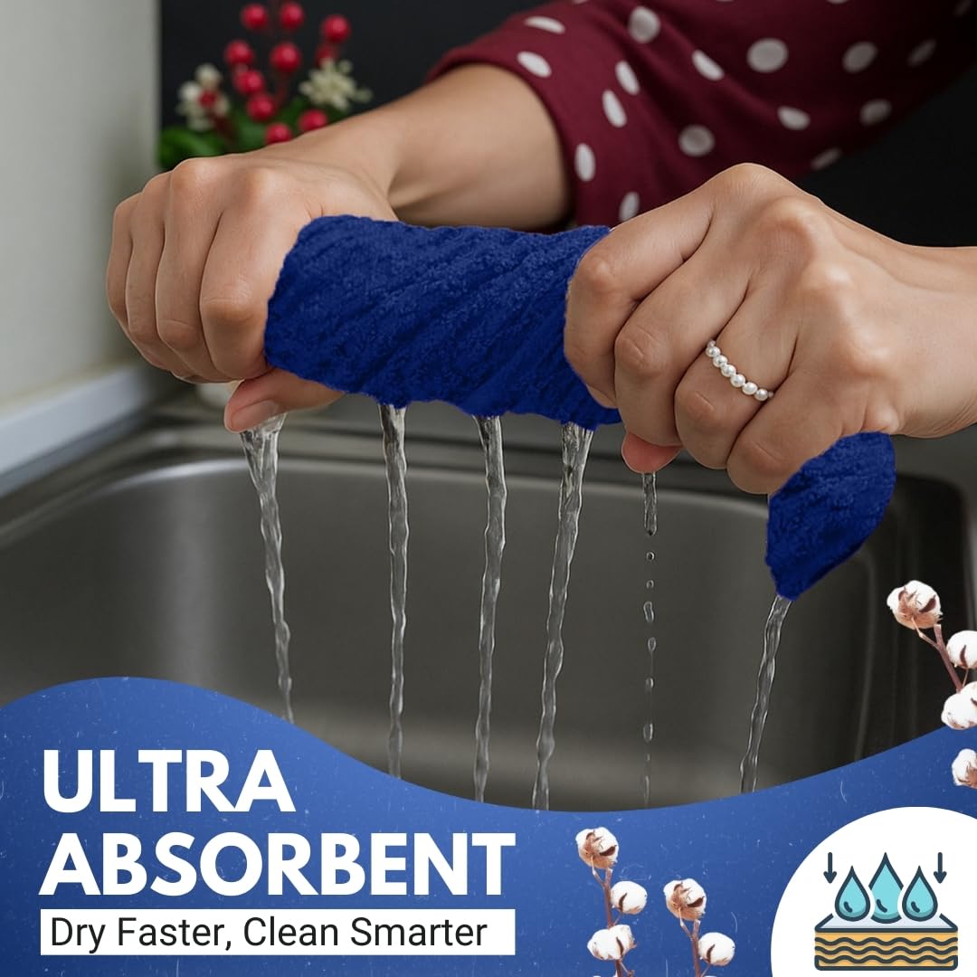 Infinitee Xclusives blue three-pack towels provide durable, reusable kitchen drying.