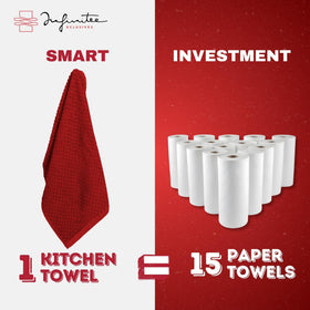 Infinitee Xclusives red dish towels add a vibrant practical touch to kitchens.