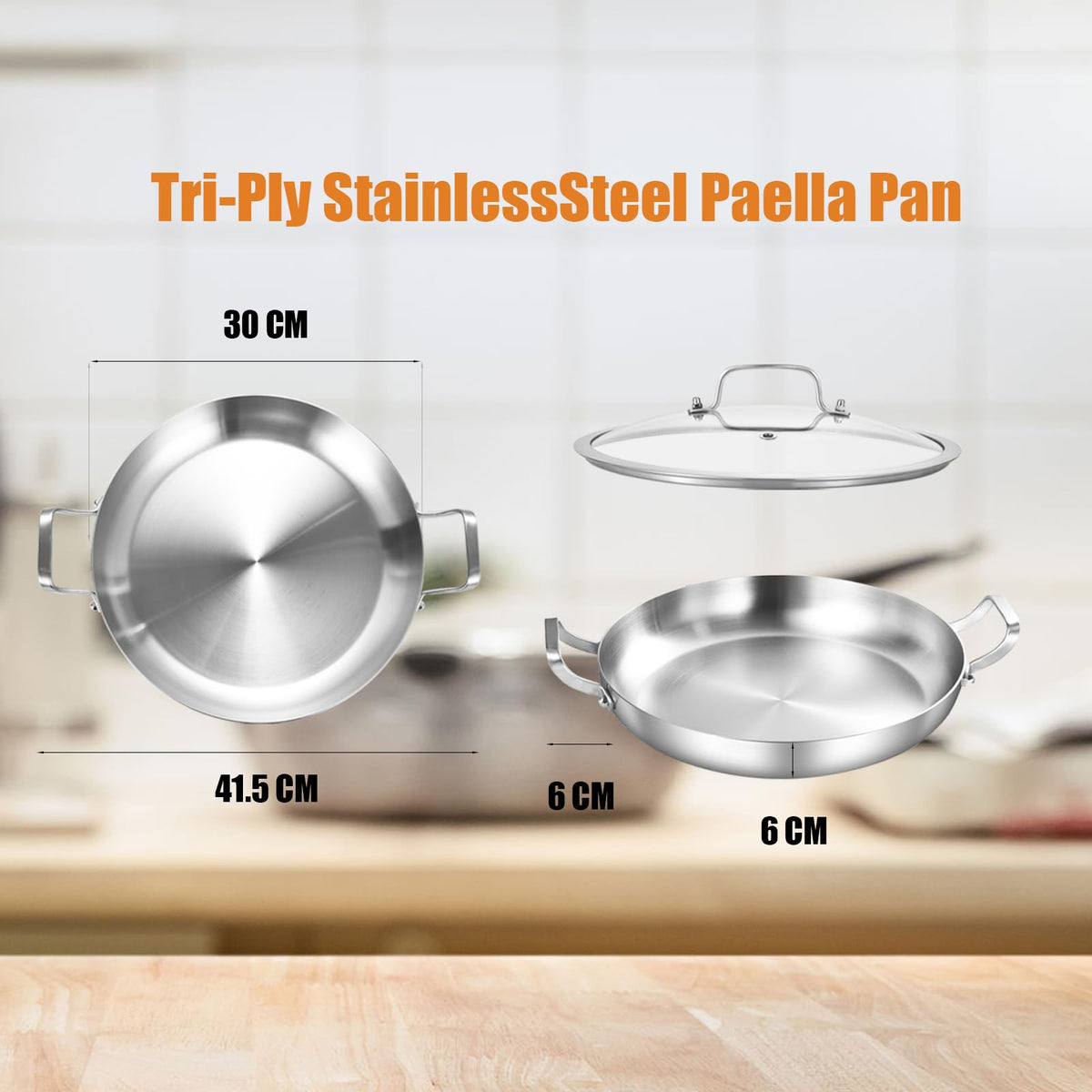 Inqibee paella pan double riveted handles provide secure grip when full.