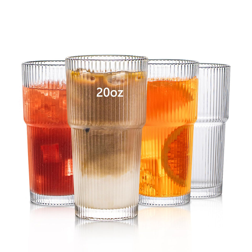 INSETLAN 20oz ribbed glass tumbler set on table, ideal for everyday beverages.