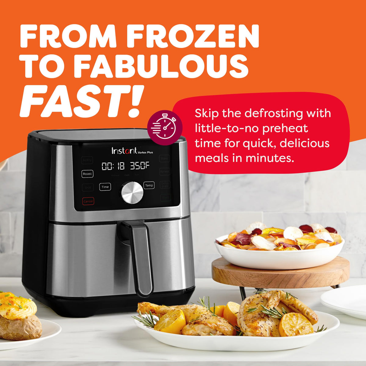 Instant Pot Vortex Plus 4QT touchscreen panel with one-touch controls visible.