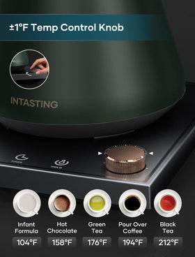 INTASTING kettle front display shows temperature and timer for accurate brews.