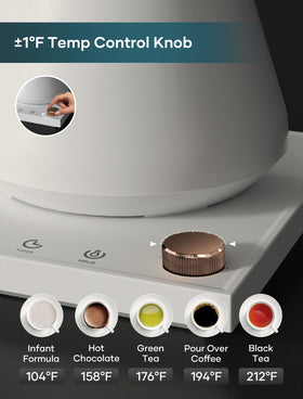 INTASTING cream-colored kettle keep-warm feature maintains temperature for later cups.