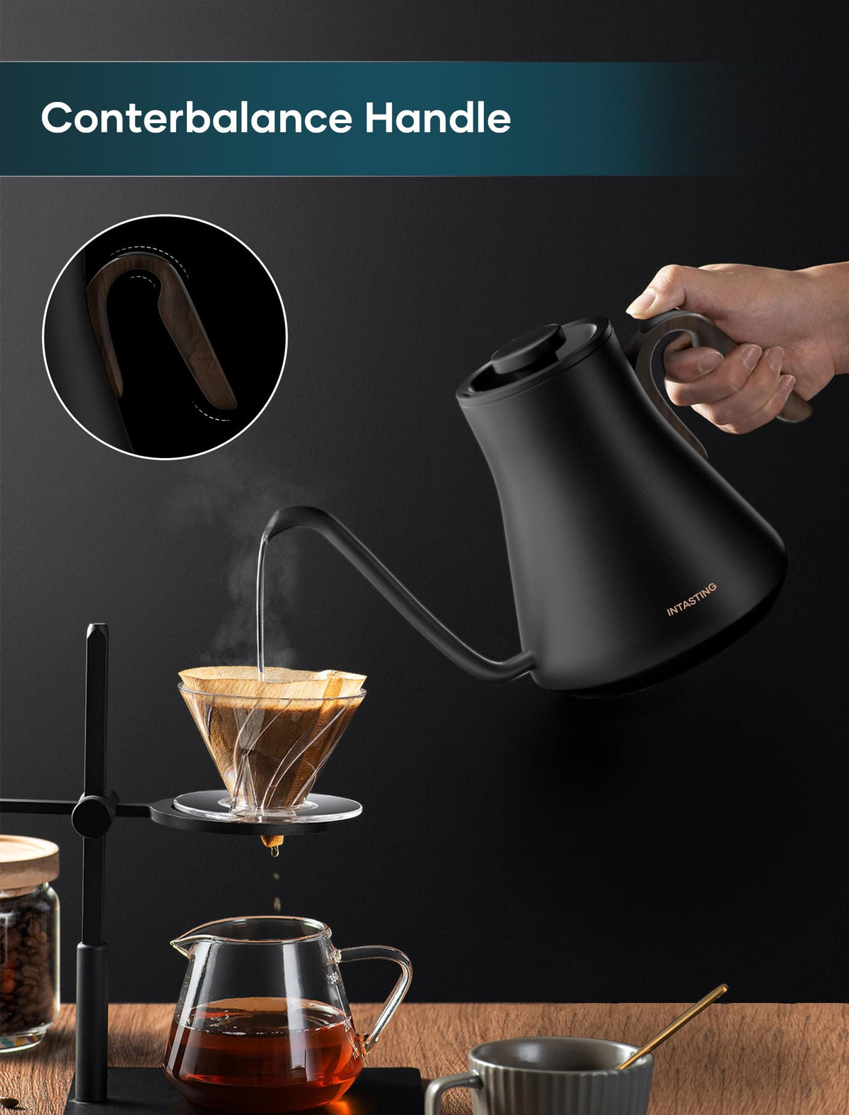 INTASTING Electric Kettle stainless-interior ensures pure-tasting water and durability.