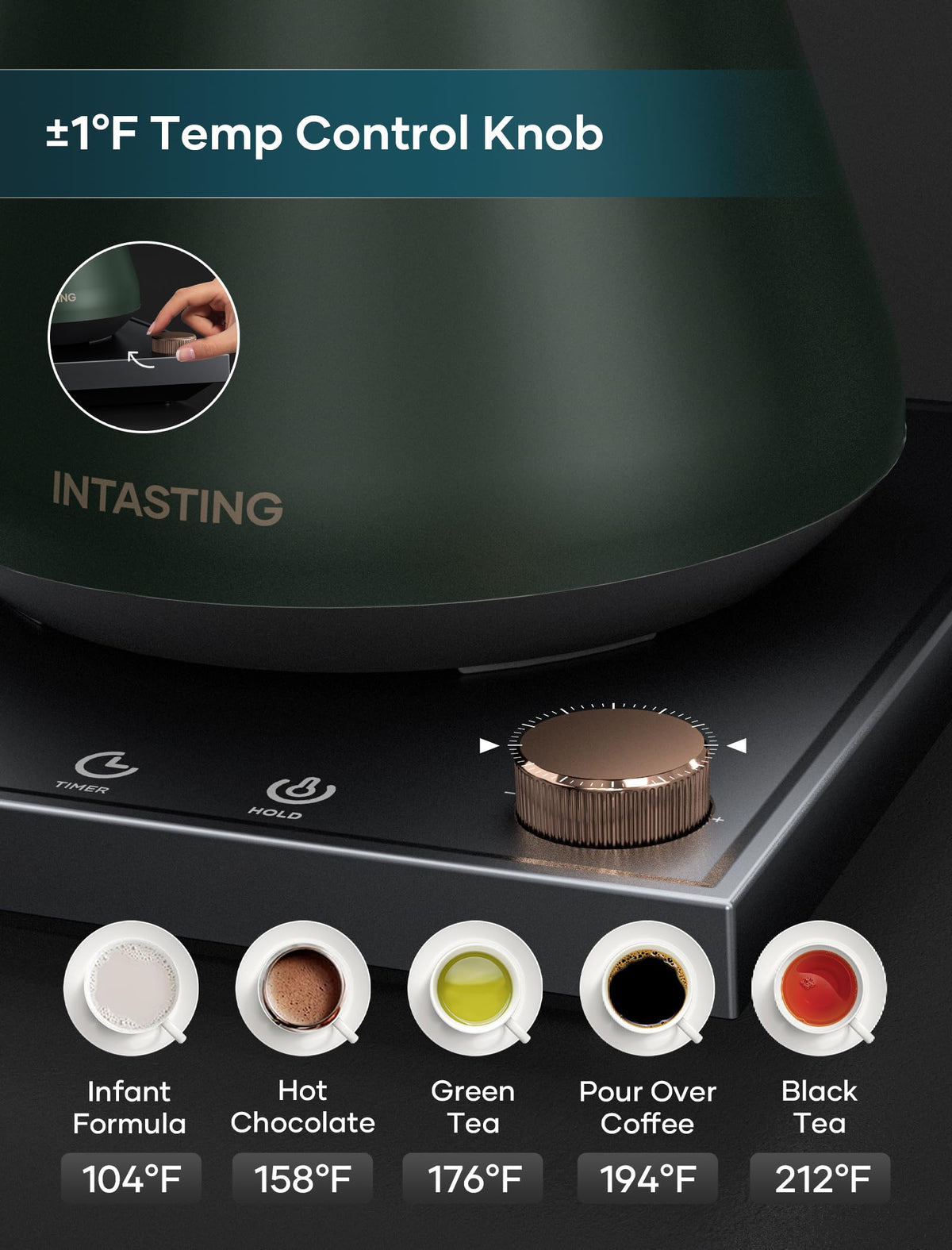 INTASTING electric kettle stainless interior ensures clean-tasting pours.