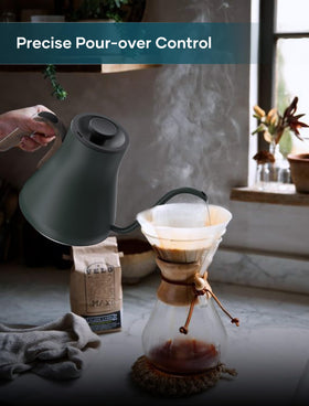 INTASTING Gooseneck Kettle shows forest green finish and 9mm pour-spout for precise pours.