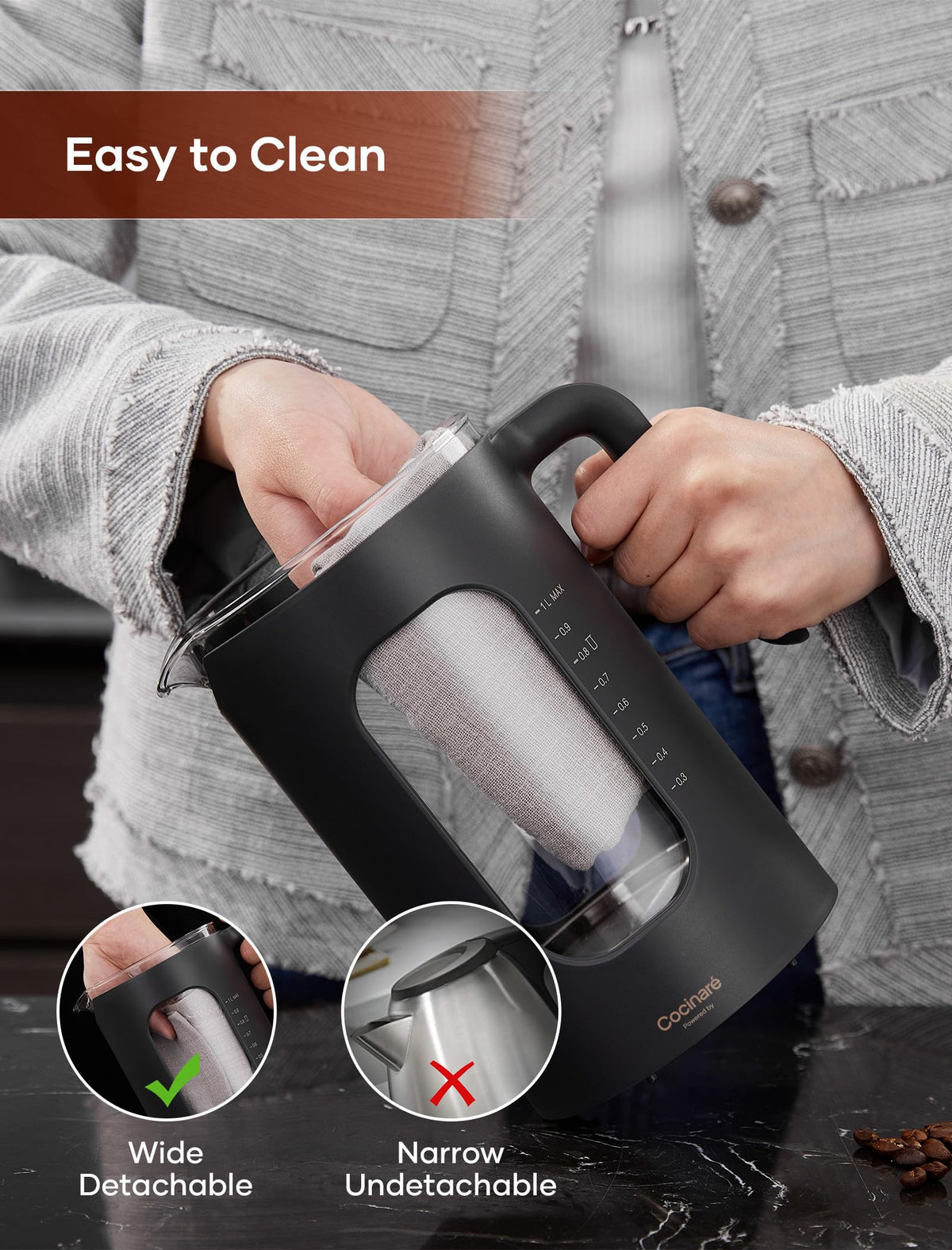 INTASTING non-drip V-shaped nozzle minimizes spills during pouring.