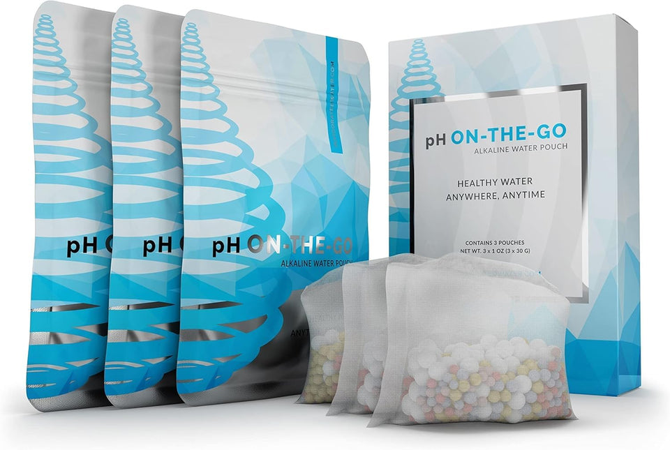 Invigorated Water pH On-The-Go filter pouch on a bottle delivering alkalized hydration