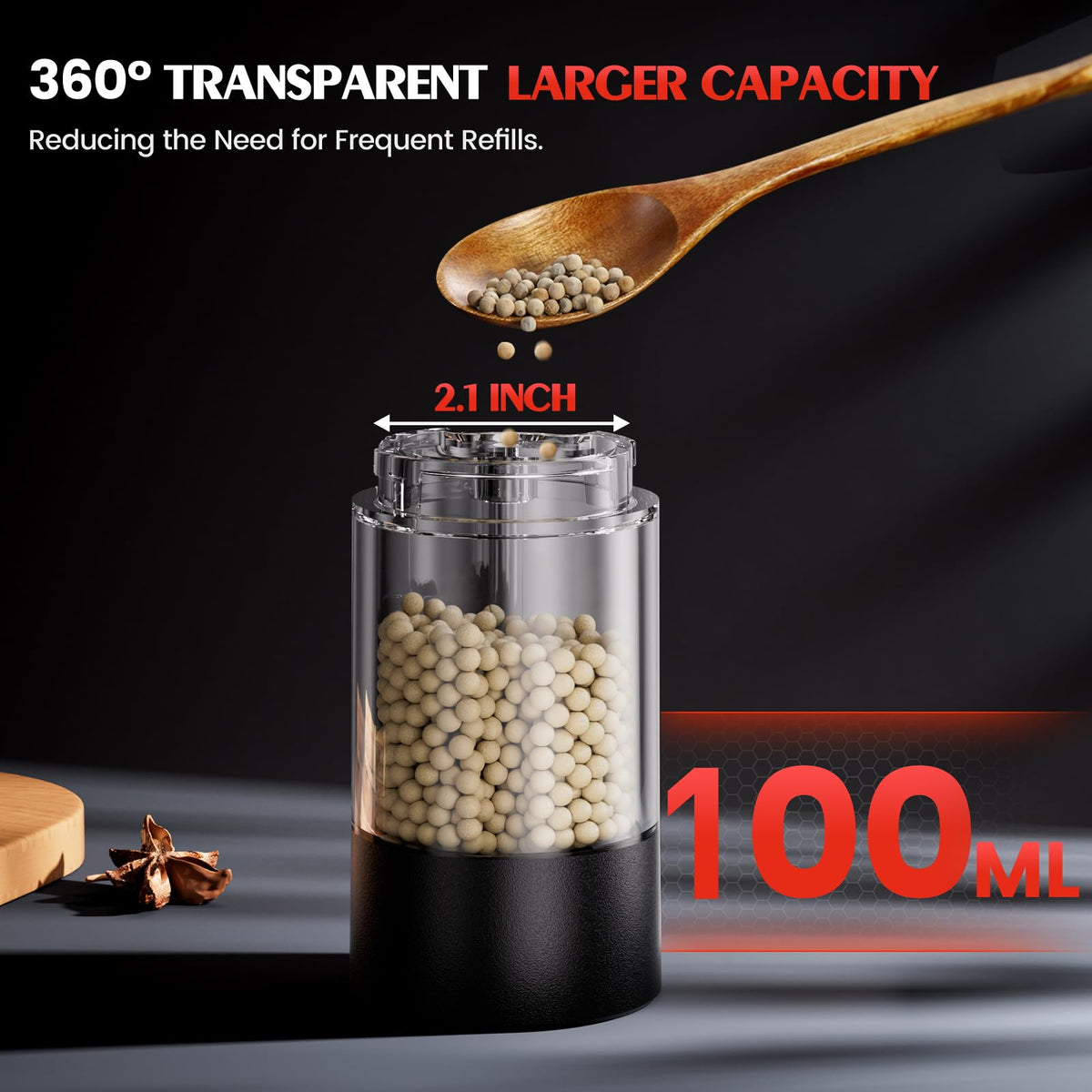ioion 360-degree transparent body shows spice levels at a glance