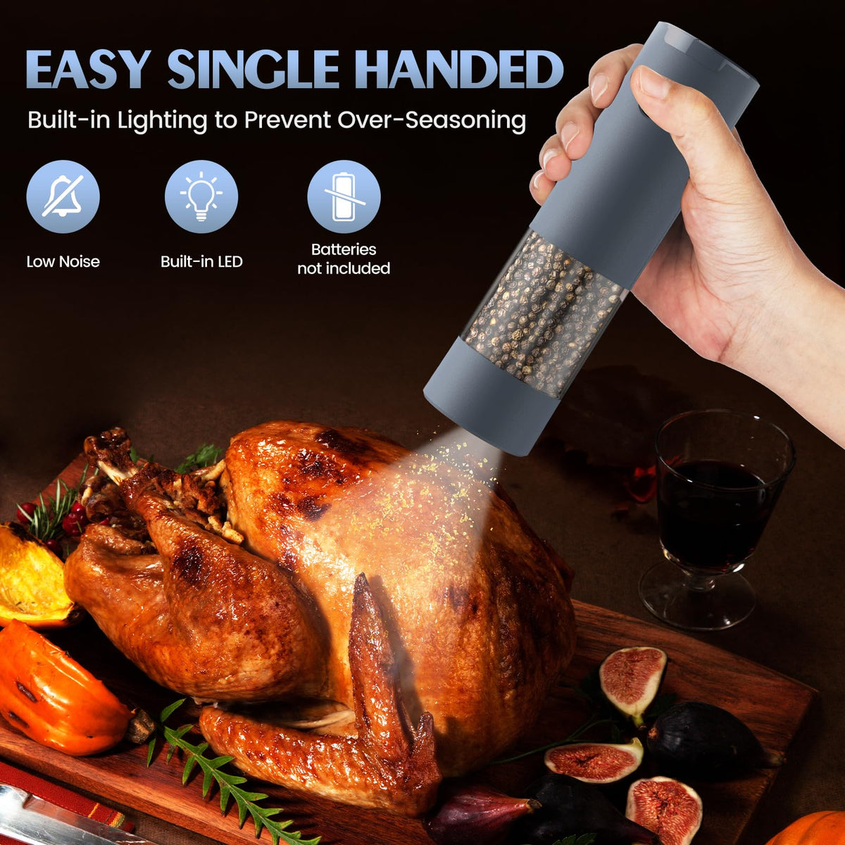 ioion grinders with built-in LED light illuminating seasoning at night