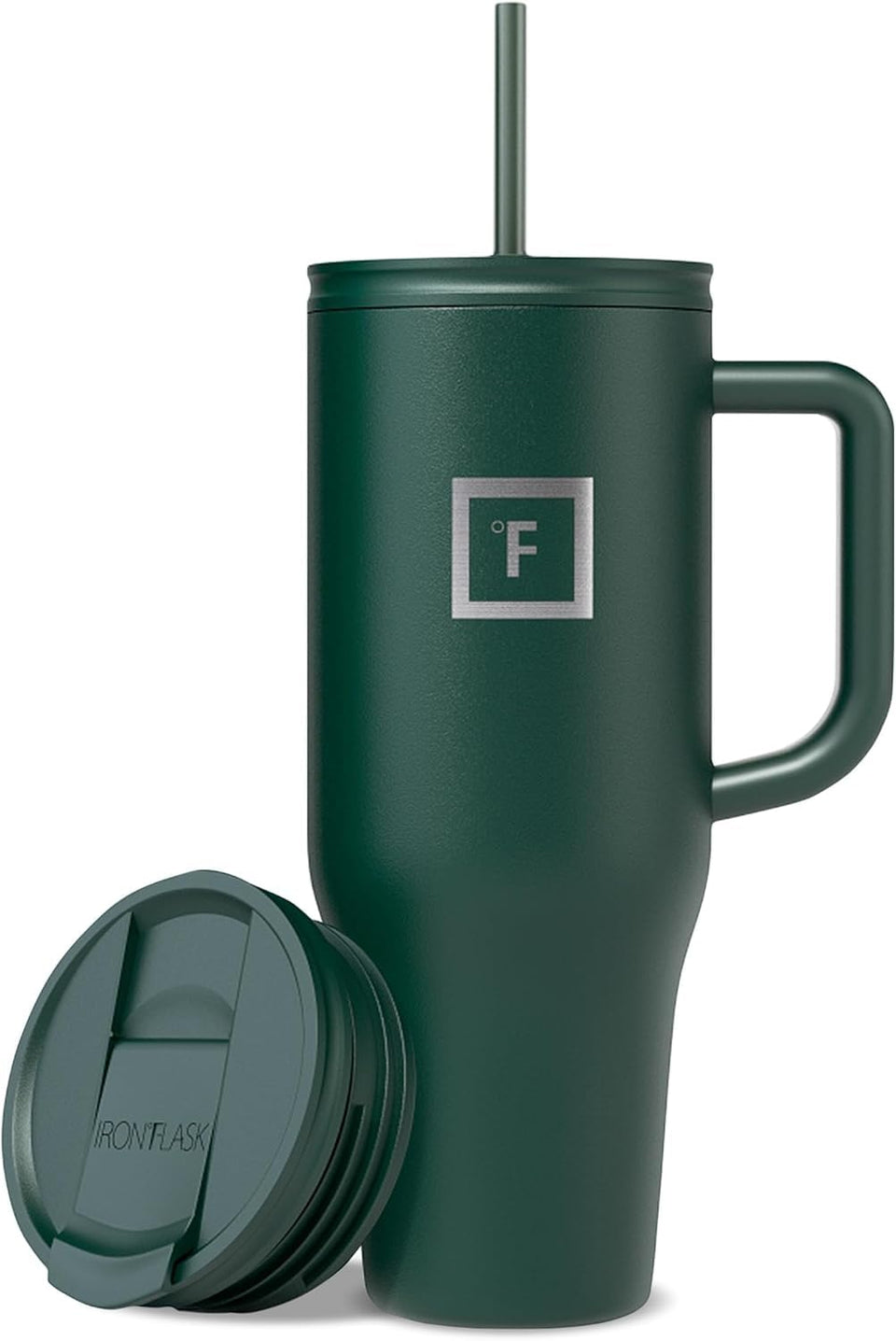IRON °FLASK Co-Pilot 40 oz tumbler front view in dark pine; hot or cold drinks maintained