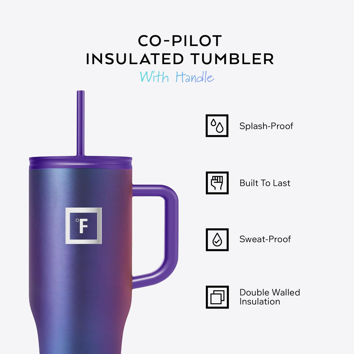 IRON °FLASK Co-Pilot mug with straw lid Twilight Blue for on-the-go hydration.