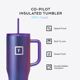 IRON °FLASK Co-Pilot mug straw lid in use keeps sipping spill-free while moving.